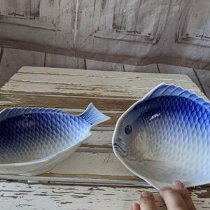 Vintage Blue Fish Scale Ceramic‎ Dip Serving Bowl H